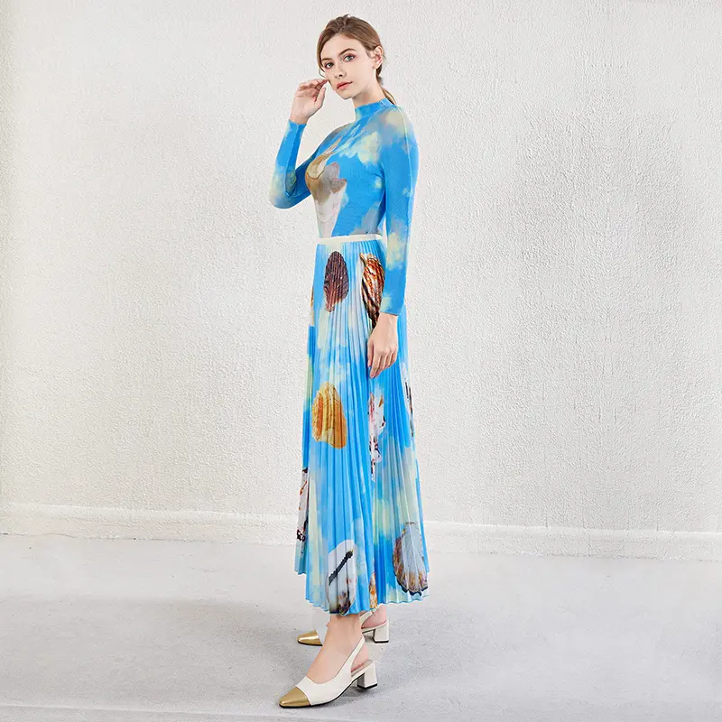 LANMREM Blue Printting High Elastic Pleasted Women's Two Pieces Set Stand Collar Pullover Top And Folded Skirt Chic New 2DB3964