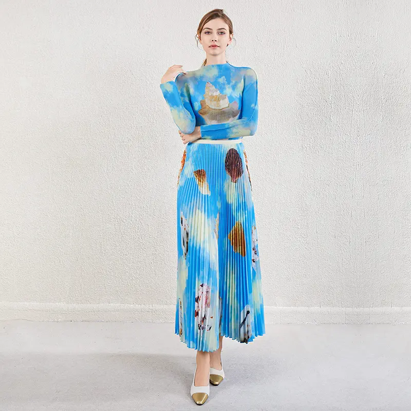 LANMREM Blue Printting High Elastic Pleasted Women's Two Pieces Set Stand Collar Pullover Top And Folded Skirt Chic New 2DB3964