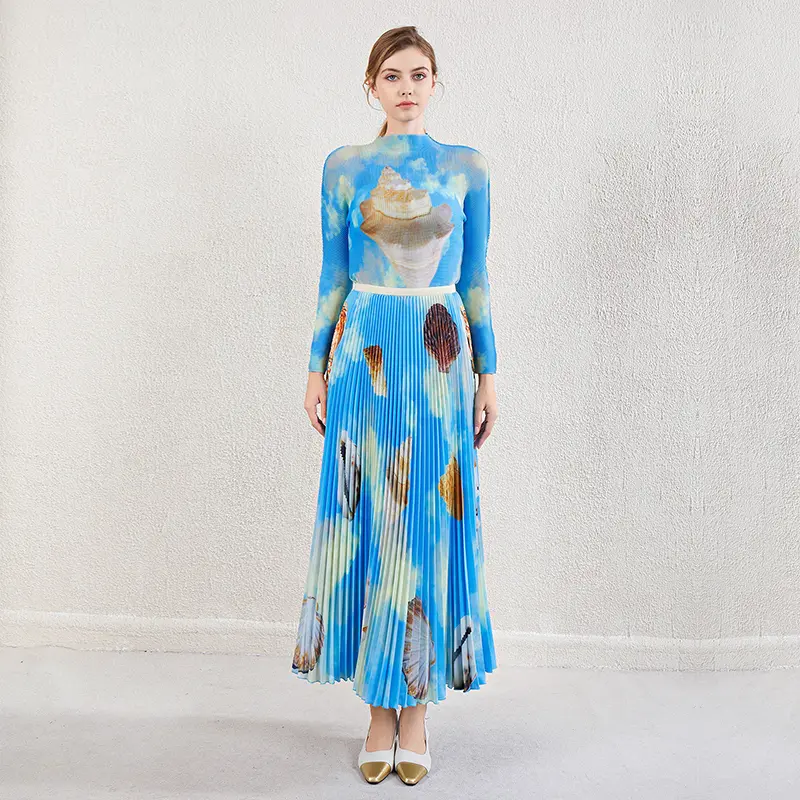 LANMREM Blue Printting High Elastic Pleasted Women's Two Pieces Set Stand Collar Pullover Top And Folded Skirt Chic New 2DB3964