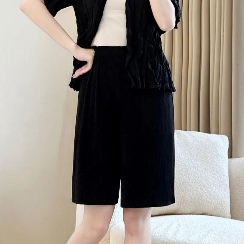 LANMREM Summer Chic Wide Leg Shorts For Women Elastic High Waist Design Knee Length Pants 2025 New Fashion Bottoms 2DB4075