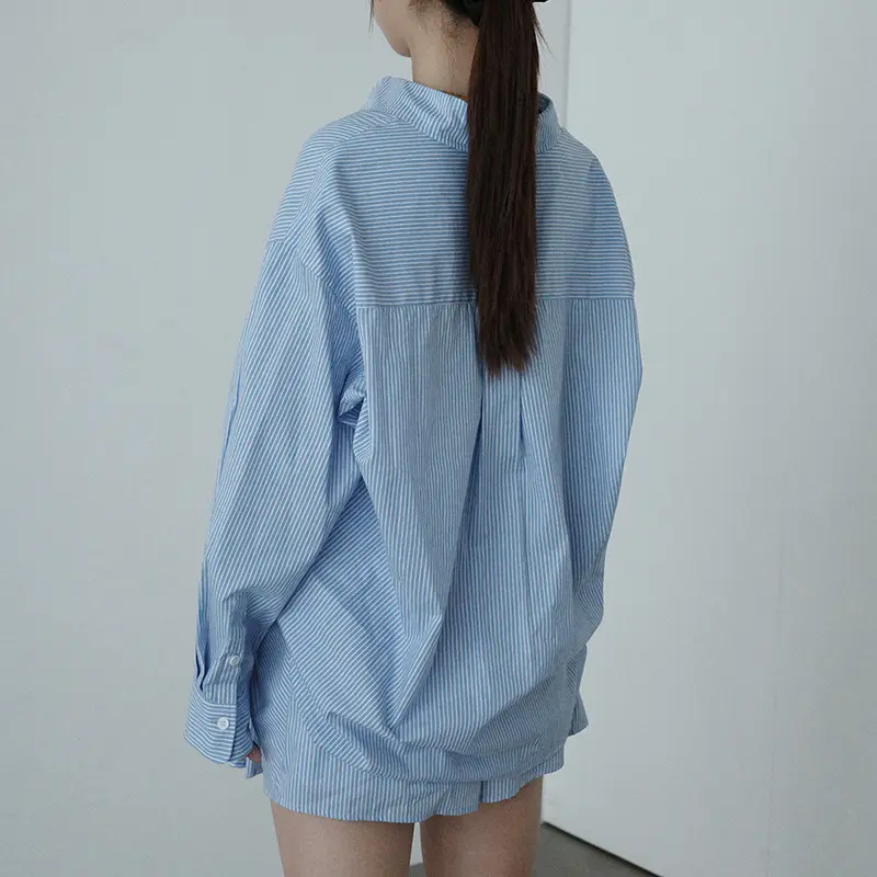 LANMREM French Style Loose Fashion Blue Striped Shirt For Women Loose Casual Single Breasted Long Sleeve Blouse Top Chic 2DB3865