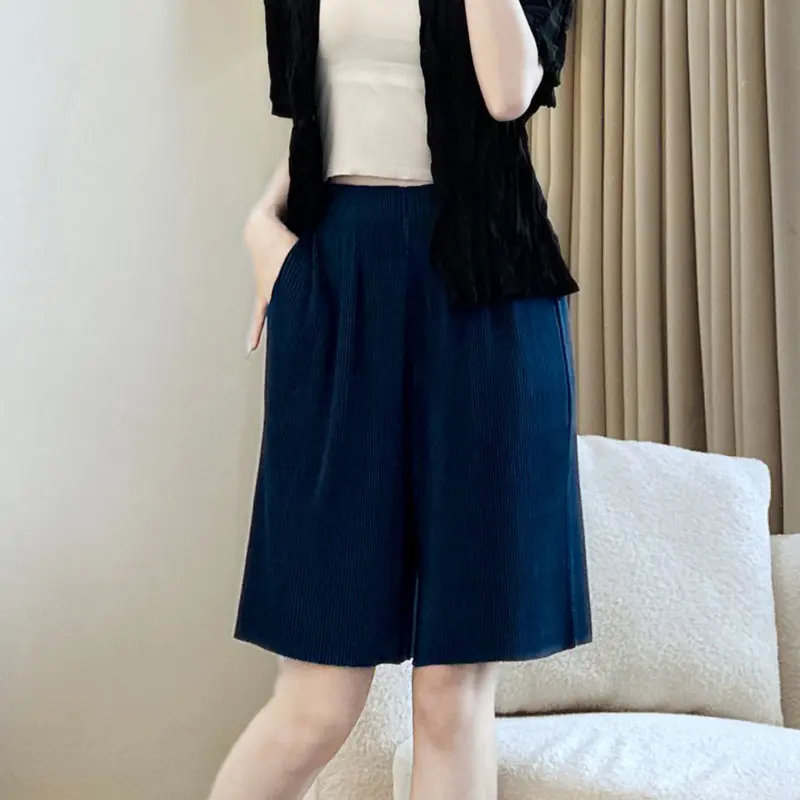 LANMREM Summer Chic Wide Leg Shorts For Women Elastic High Waist Design Knee Length Pants 2025 New Fashion Bottoms 2DB4075