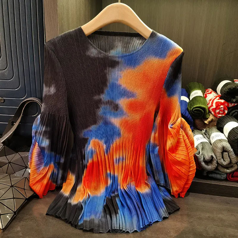 LANMREM Women's Printed Puff Sleeve Pleated T-shirt Round Neck Irregular Casual Tops 2025 New Elastic Loose Pullover Top 2DE657