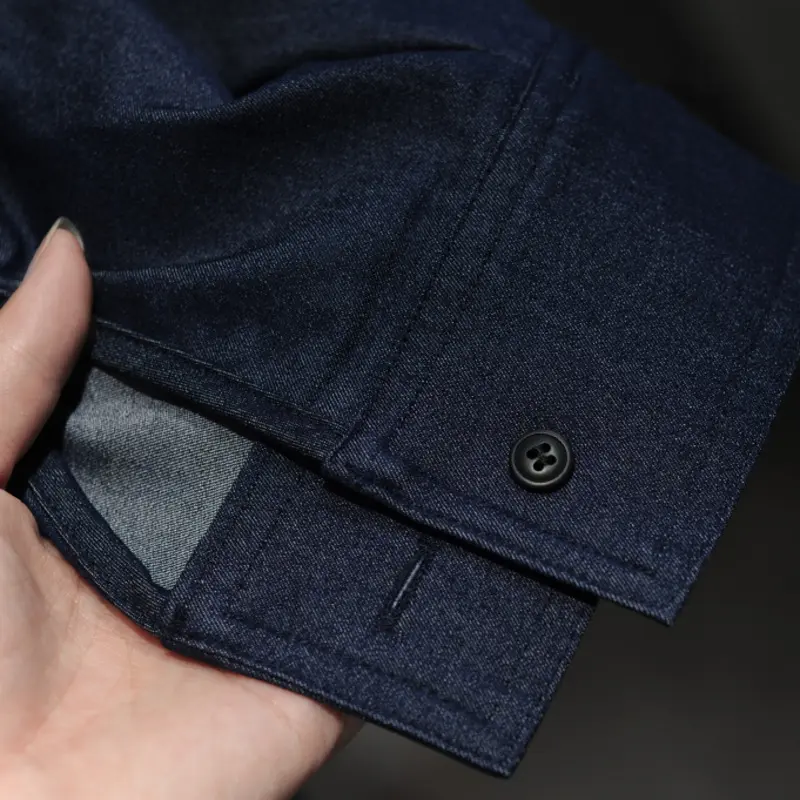 LANMREM Designed Double Pocket Faux Denim Dark Blue Shirt For Women Draped Loose Single Breasated Mid-Length Top Jacket 2DB4090