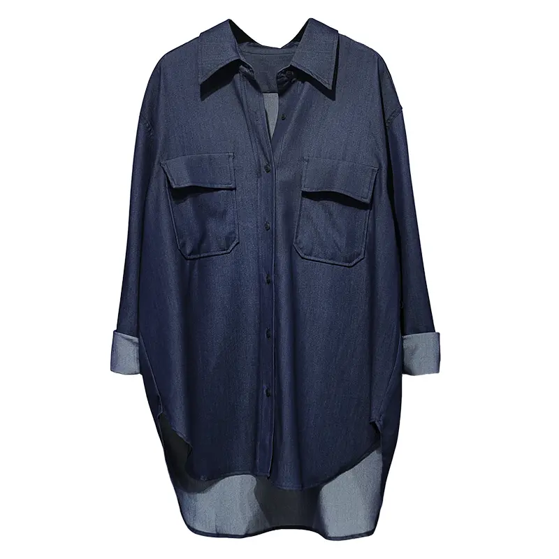 LANMREM Designed Double Pocket Faux Denim Dark Blue Shirt For Women Draped Loose Single Breasated Mid-Length Top Jacket 2DB4090