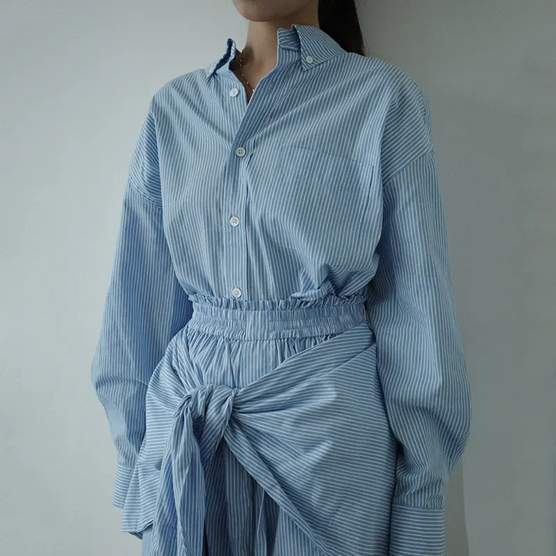 LANMREM French Style Loose Fashion Blue Striped Shirt For Women Loose Casual Single Breasted Long Sleeve Blouse Top Chic 2DB3865