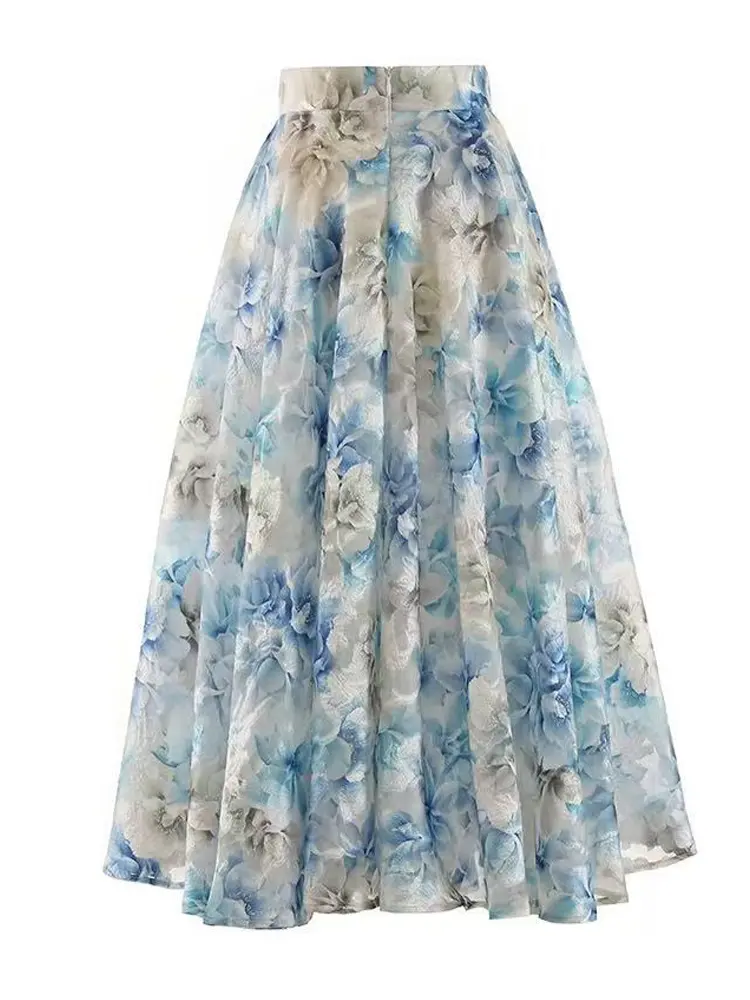 LANMREM Good Quality Blue Organza Cut Flower Printed Half Skirt 2025 New High Waist Jacquard A-line Skirt 2DB3388
