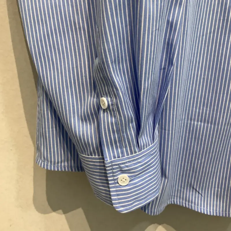 LANMREM French Style Loose Fashion Blue Striped Shirt For Women Loose Casual Single Breasted Long Sleeve Blouse Top Chic 2DB3865