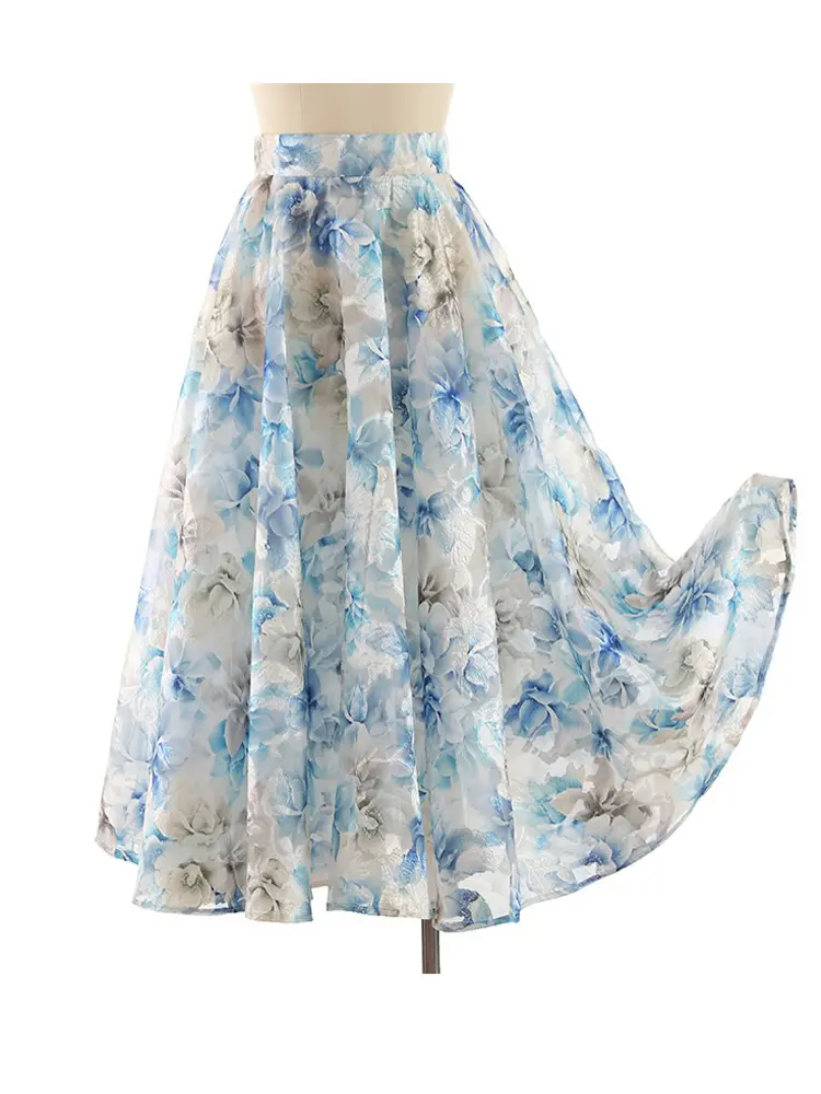 LANMREM Good Quality Blue Organza Cut Flower Printed Half Skirt 2025 New High Waist Jacquard A-line Skirt 2DB3388