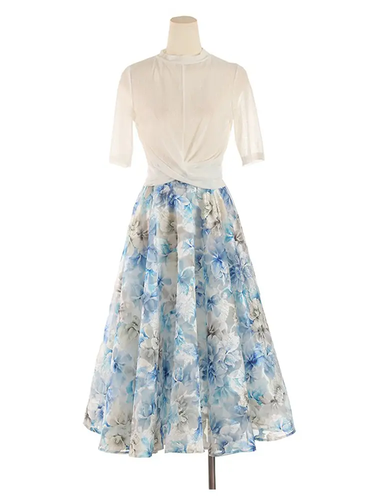 LANMREM Good Quality Blue Organza Cut Flower Printed Half Skirt 2025 New High Waist Jacquard A-line Skirt 2DB3388