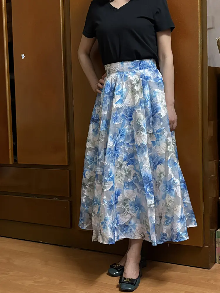 LANMREM Good Quality Blue Organza Cut Flower Printed Half Skirt 2025 New High Waist Jacquard A-line Skirt 2DB3388