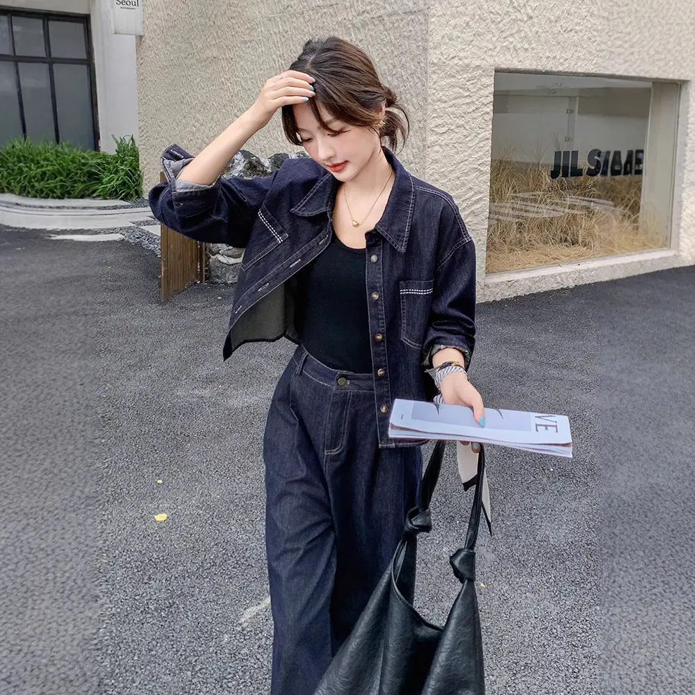 LANMREM Trendy Denim Shirt And Wide-Leg Pants Fashion Two Pieces Set For Women 2025 Autumn New Chic Famale Clothing 2DB3770