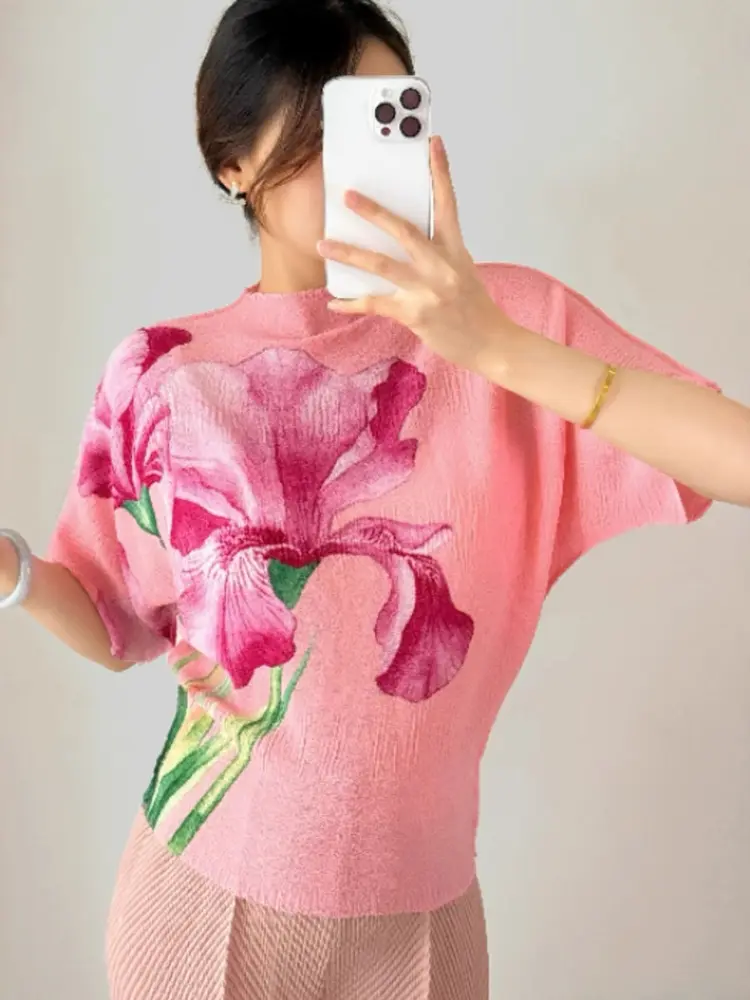 LANMREM High-end Pleated Floral Printting Women's Bawting Short Sleeved T-shirt Summer Elastic Loose Stand Collar Top 2DB3538