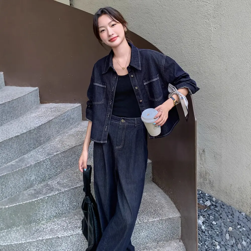 LANMREM Trendy Denim Shirt And Wide-Leg Pants Fashion Two Pieces Set For Women 2025 Autumn New Chic Famale Clothing 2DB3770