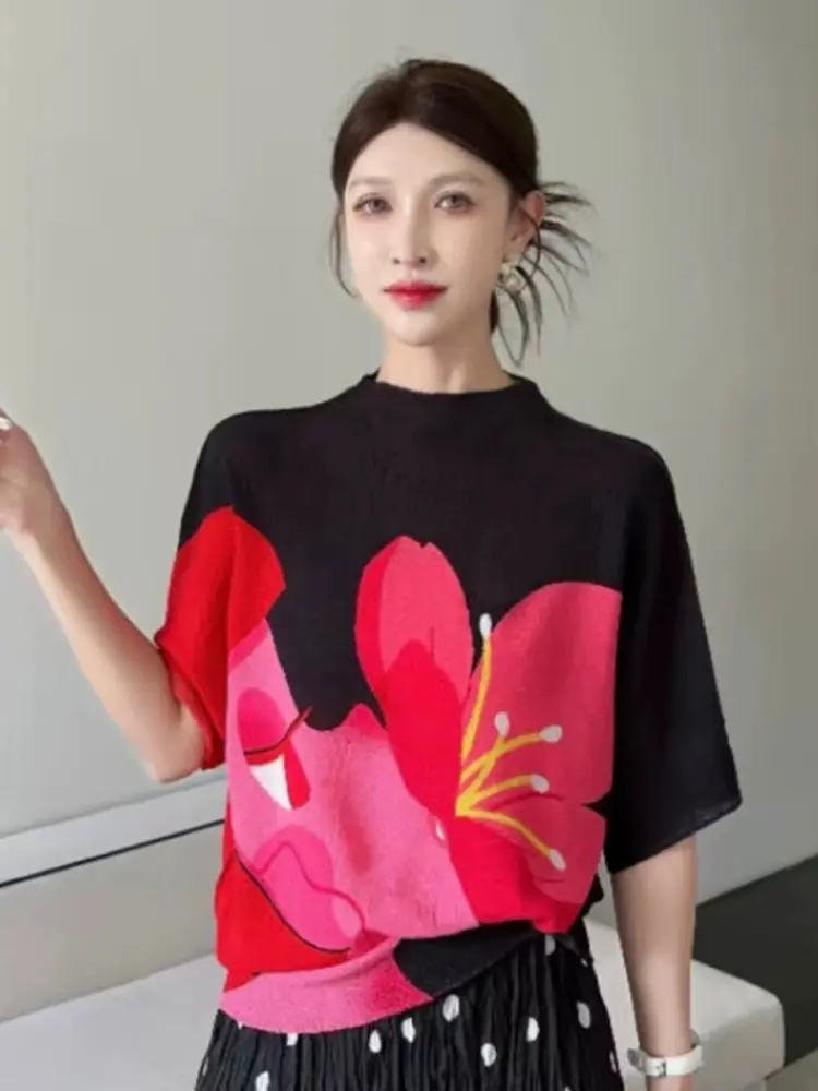 LANMREM High-end Pleated Floral Printting Women's Bawting Short Sleeved T-shirt Summer Elastic Loose Stand Collar Top 2DB3538