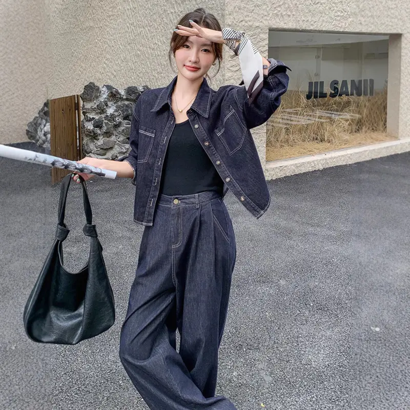 LANMREM Trendy Denim Shirt And Wide-Leg Pants Fashion Two Pieces Set For Women 2025 Autumn New Chic Famale Clothing 2DB3770