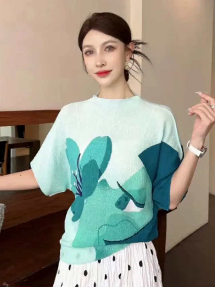 LANMREM High-end Pleated Floral Printting Women's Bawting Short Sleeved T-shirt Summer Elastic Loose Stand Collar Top 2DB3538