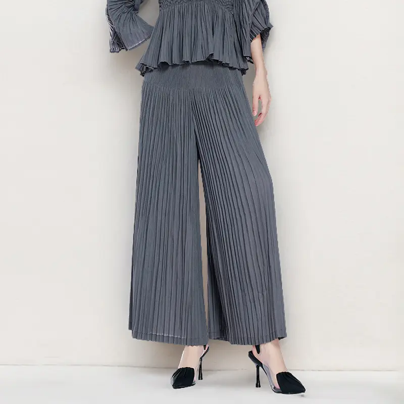 LANMREM Green Niche Pleated Wide Leg Pants Women's Drape Skirt Pants Elastic High Waist Oose Casual Trousers 2025 New 2DB3960