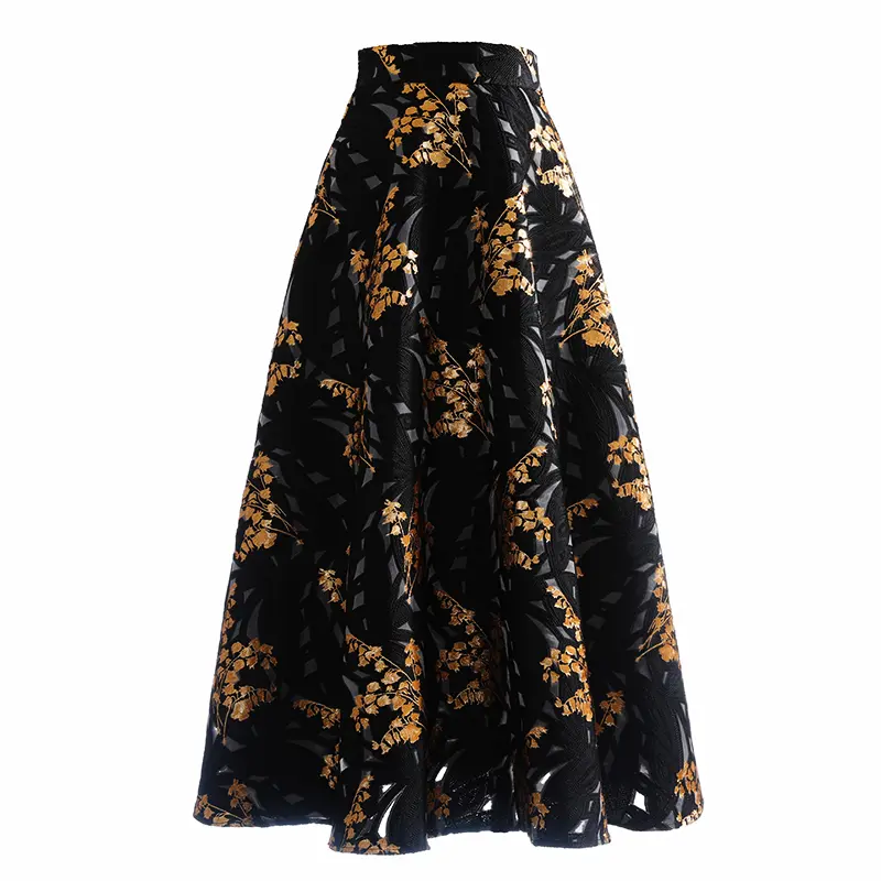 LANMREM Good Quality Black Golden Jacquard Half Length Skirt Medium Length High Waist Women's Skirts 2025 New Clothing 2DB3386