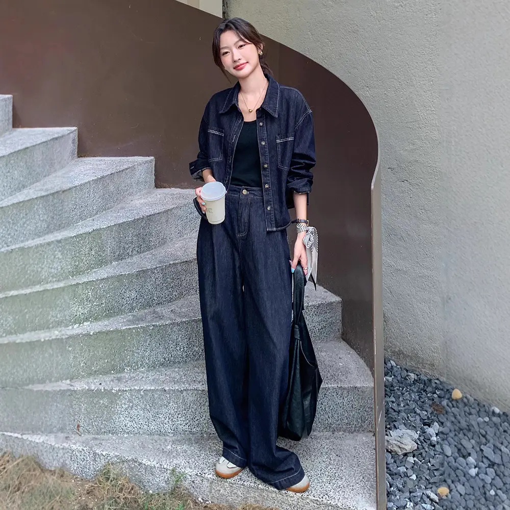 LANMREM Trendy Denim Shirt And Wide-Leg Pants Fashion Two Pieces Set For Women 2025 Autumn New Chic Famale Clothing 2DB3770
