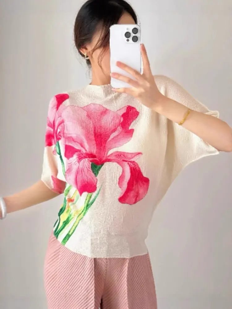 LANMREM High-end Pleated Floral Printting Women's Bawting Short Sleeved T-shirt Summer Elastic Loose Stand Collar Top 2DB3538