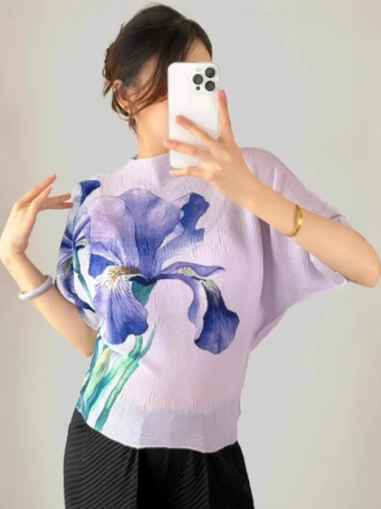 LANMREM High-end Pleated Floral Printting Women's Bawting Short Sleeved T-shirt Summer Elastic Loose Stand Collar Top 2DB3538