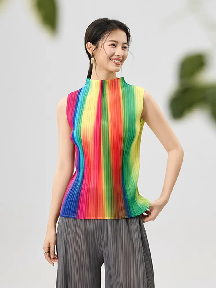 LANMREM Pleated 2025 Summer New Colorful Stripe Printed Stand Collar Sleeveless Tank Top Ealstic Slim Rainbow T-shirt 2DB3526