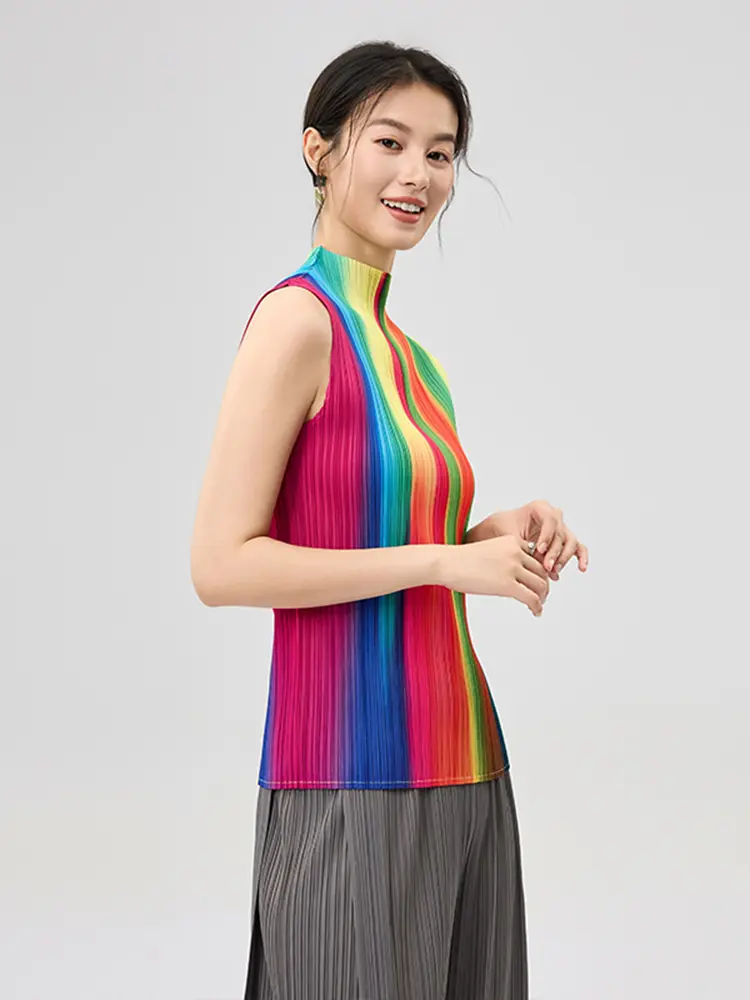 LANMREM Pleated 2025 Summer New Colorful Stripe Printed Stand Collar Sleeveless Tank Top Ealstic Slim Rainbow T-shirt 2DB3526