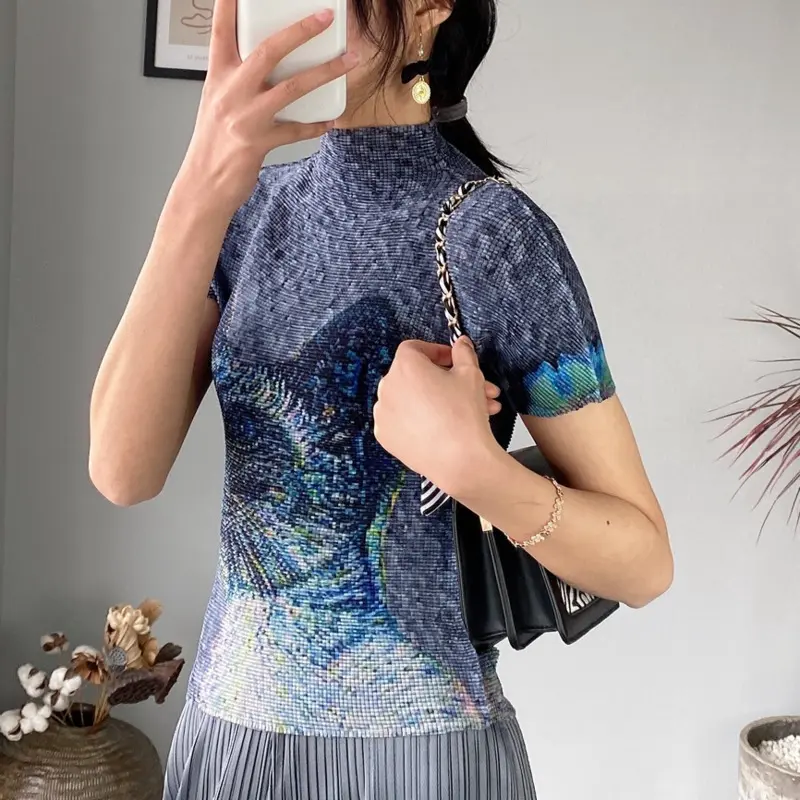 LANMREM Fashion Short Sleeve High Elastic Slim Women's T-Shirt Summer Thin Ruched Clothing Half High Neck Design Top 2DB4231