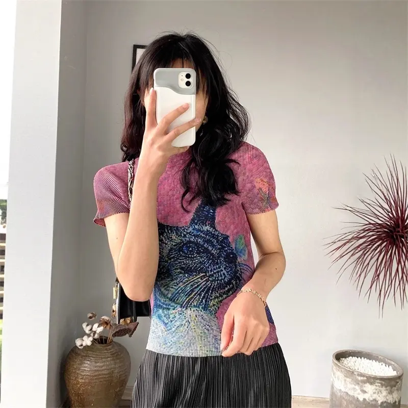 LANMREM Fashion Short Sleeve High Elastic Slim Women's T-Shirt Summer Thin Ruched Clothing Half High Neck Design Top 2DB4231