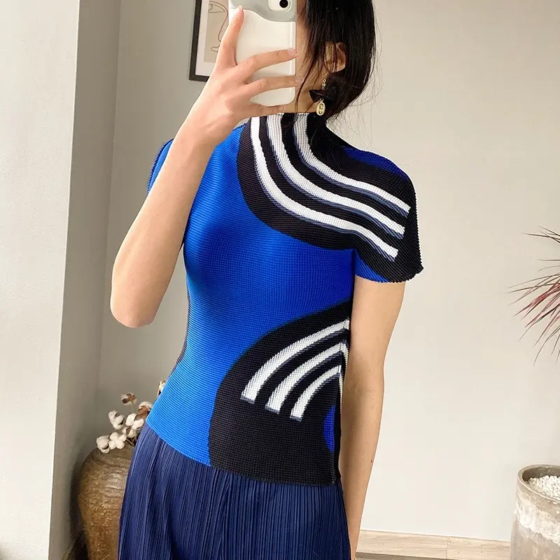 LANMREM Colorblock Striped Printting Women's Pleated T-shirt Short Sleeve Summer Thin Famale Clothing Half High Neck Top 2DB4230