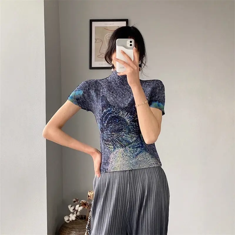 LANMREM Fashion Short Sleeve High Elastic Slim Women's T-Shirt Summer Thin Ruched Clothing Half High Neck Design Top 2DB4231