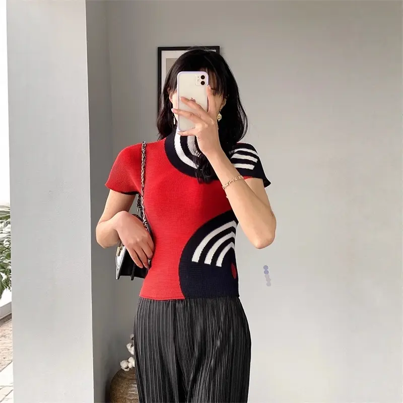LANMREM Colorblock Striped Printting Women's Pleated T-shirt Short Sleeve Summer Thin Famale Clothing Half High Neck Top 2DB4230