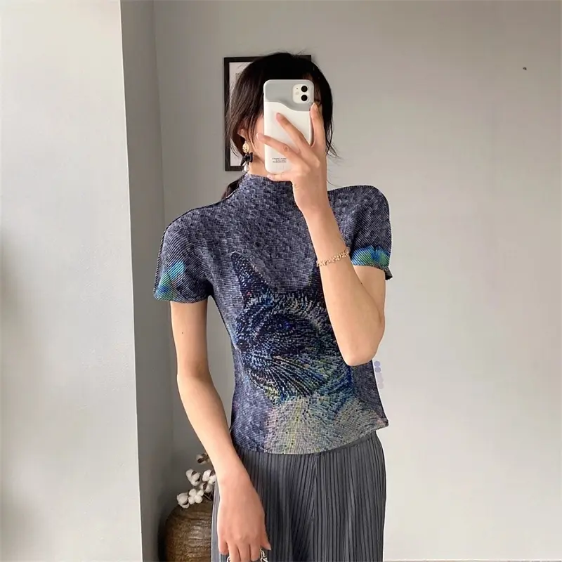 LANMREM Fashion Short Sleeve High Elastic Slim Women's T-Shirt Summer Thin Ruched Clothing Half High Neck Design Top 2DB4231