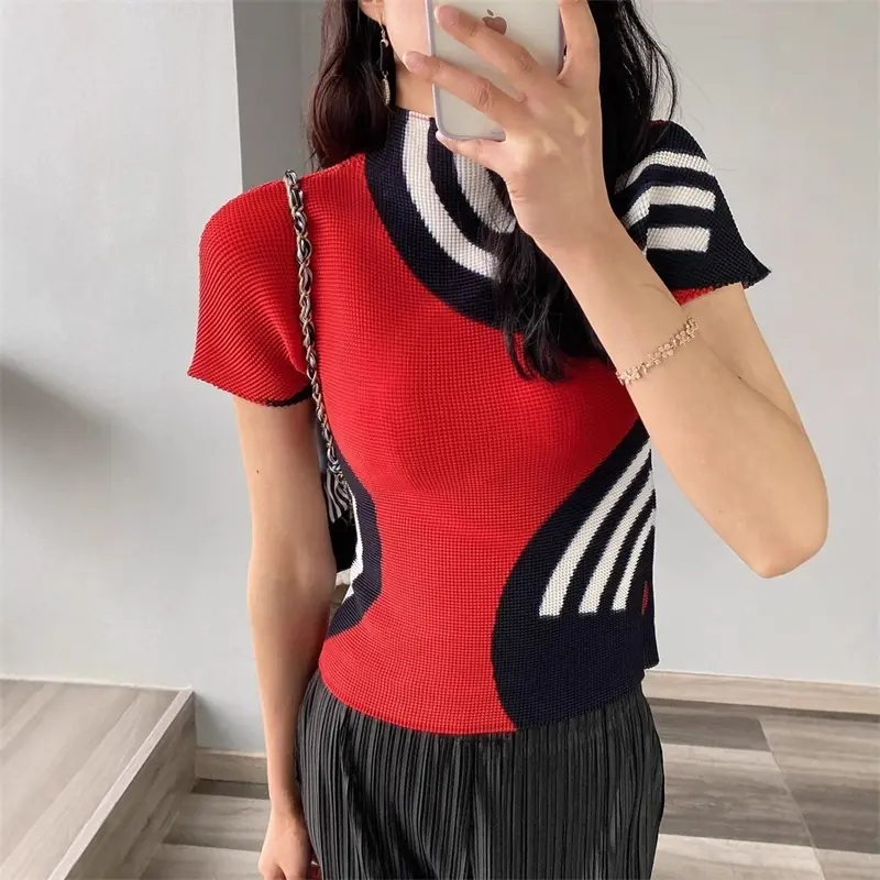LANMREM Colorblock Striped Printting Women's Pleated T-shirt Short Sleeve Summer Thin Famale Clothing Half High Neck Top 2DB4230