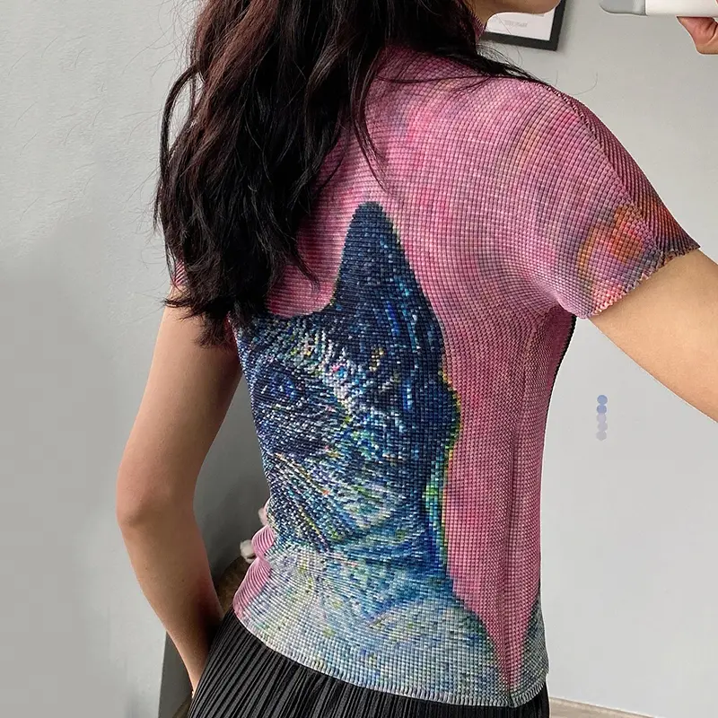 LANMREM Fashion Short Sleeve High Elastic Slim Women's T-Shirt Summer Thin Ruched Clothing Half High Neck Design Top 2DB4231