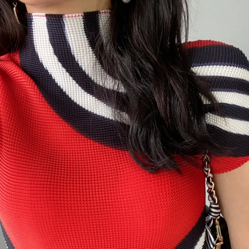 LANMREM Colorblock Striped Printting Women's Pleated T-shirt Short Sleeve Summer Thin Famale Clothing Half High Neck Top 2DB4230