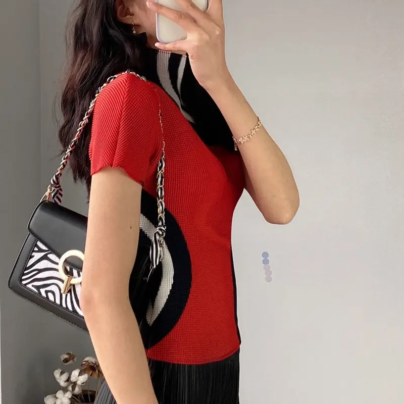 LANMREM Colorblock Striped Printting Women's Pleated T-shirt Short Sleeve Summer Thin Famale Clothing Half High Neck Top 2DB4230