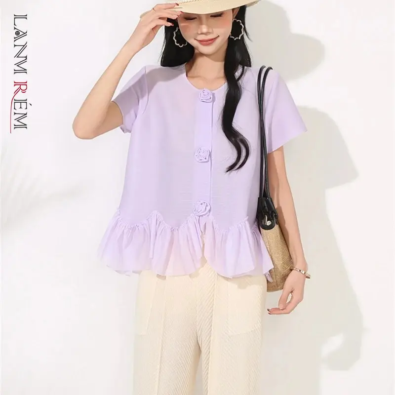 LANMREM Purle Pleated Summer New Round Collar Cardigan Women's T-shirt High-End Design Elastic Loose Short Sleeve Top 2DB4145