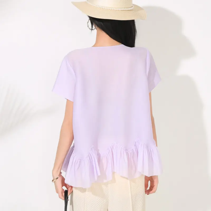 LANMREM Purle Pleated Summer New Round Collar Cardigan Women's T-shirt High-End Design Elastic Loose Short Sleeve Top 2DB4145