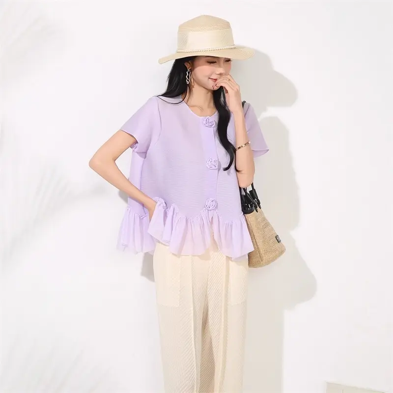 LANMREM Purle Pleated Summer New Round Collar Cardigan Women's T-shirt High-End Design Elastic Loose Short Sleeve Top 2DB4145
