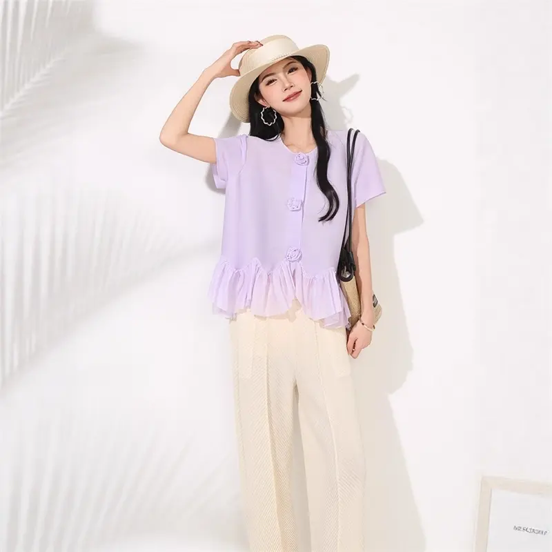 LANMREM Purle Pleated Summer New Round Collar Cardigan Women's T-shirt High-End Design Elastic Loose Short Sleeve Top 2DB4145