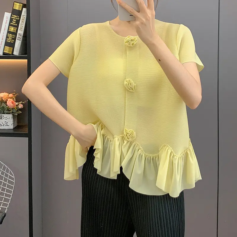 LANMREM Fake Cardigan Design Pleated Women's T-Shirt Chic New High-End Sweet Ruffled Spliced Short Sleeve Pullover Top 2DB3619