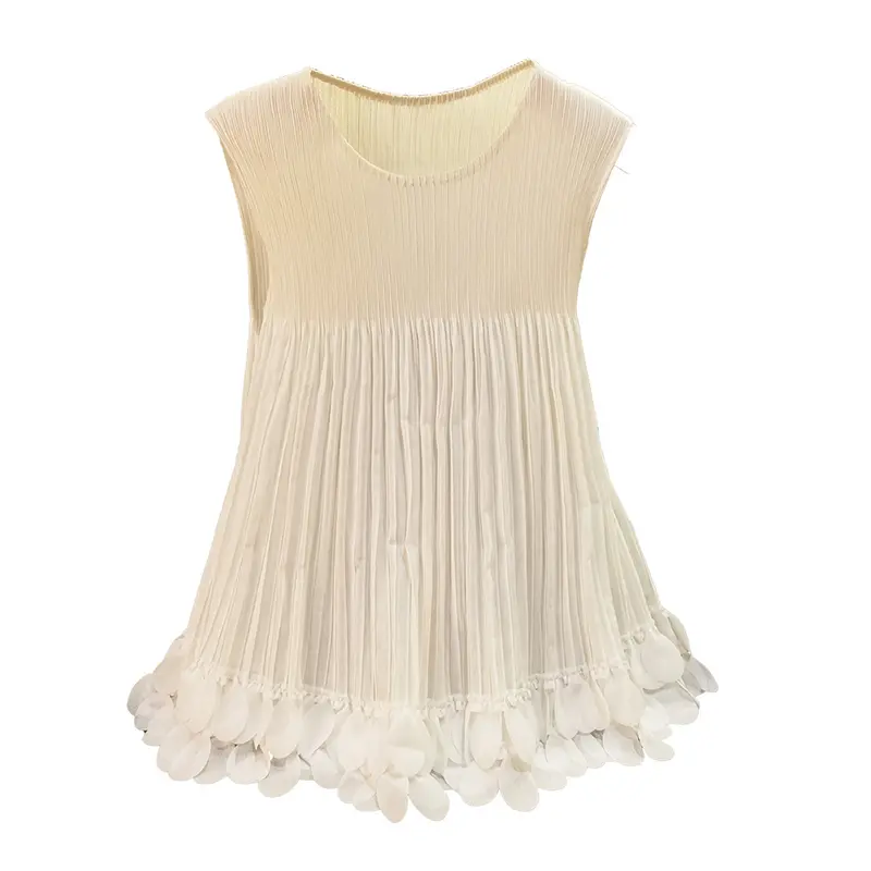 LANMREM Summer New Handmade Petal Pleated Tee Casual Chic New Versatile Women's T-Shirt Round Neck Sleeveless Tank Top 2DB3759