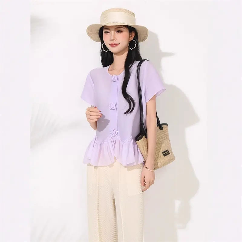 LANMREM Purle Pleated Summer New Round Collar Cardigan Women's T-shirt High-End Design Elastic Loose Short Sleeve Top 2DB4145