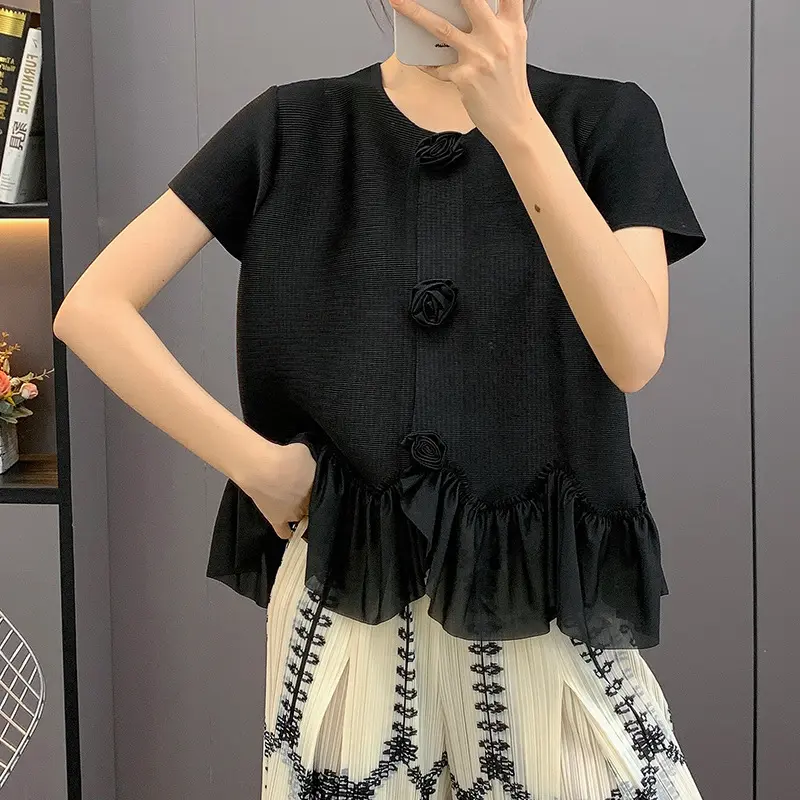 LANMREM Fake Cardigan Design Pleated Women's T-Shirt Chic New High-End Sweet Ruffled Spliced Short Sleeve Pullover Top 2DB3619