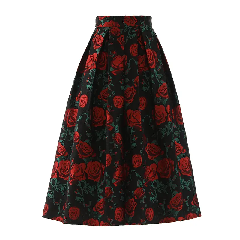 LANMREM Black Red Rose Jacquard High Waist Skirt For Women Niche Design Ball Gown A-line Skirts 2025 New Vintage Chic 2DB3385