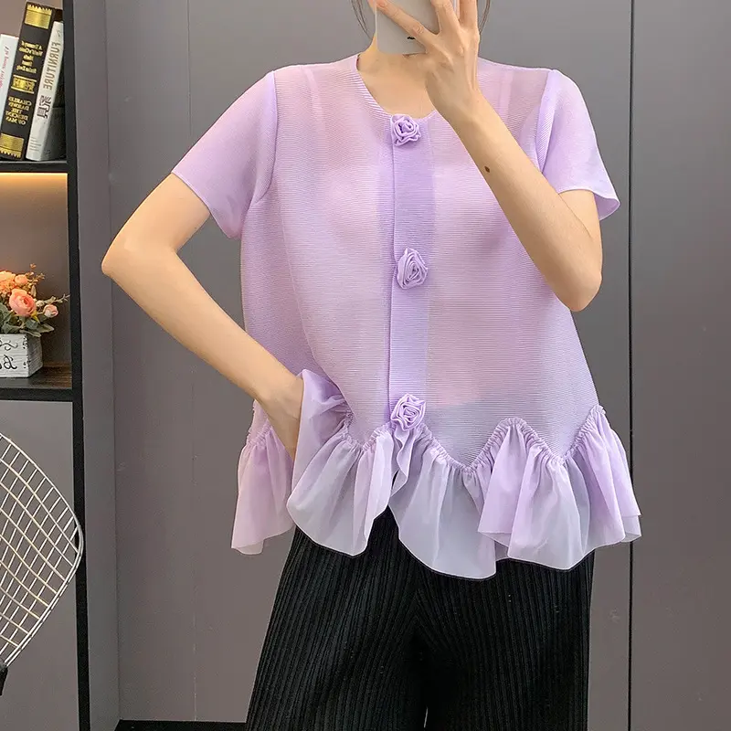 LANMREM Fake Cardigan Design Pleated Women's T-Shirt Chic New High-End Sweet Ruffled Spliced Short Sleeve Pullover Top 2DB3619