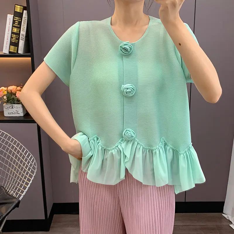 LANMREM Fake Cardigan Design Pleated Women's T-Shirt Chic New High-End Sweet Ruffled Spliced Short Sleeve Pullover Top 2DB3619