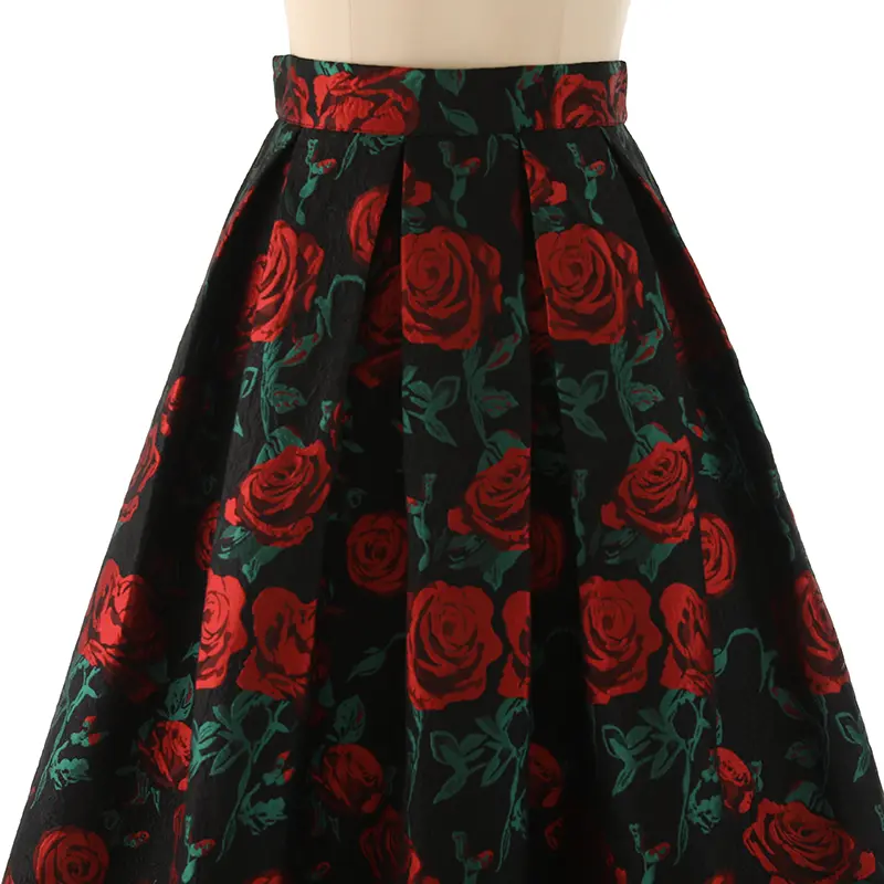 LANMREM Black Red Rose Jacquard High Waist Skirt For Women Niche Design Ball Gown A-line Skirts 2025 New Vintage Chic 2DB3385